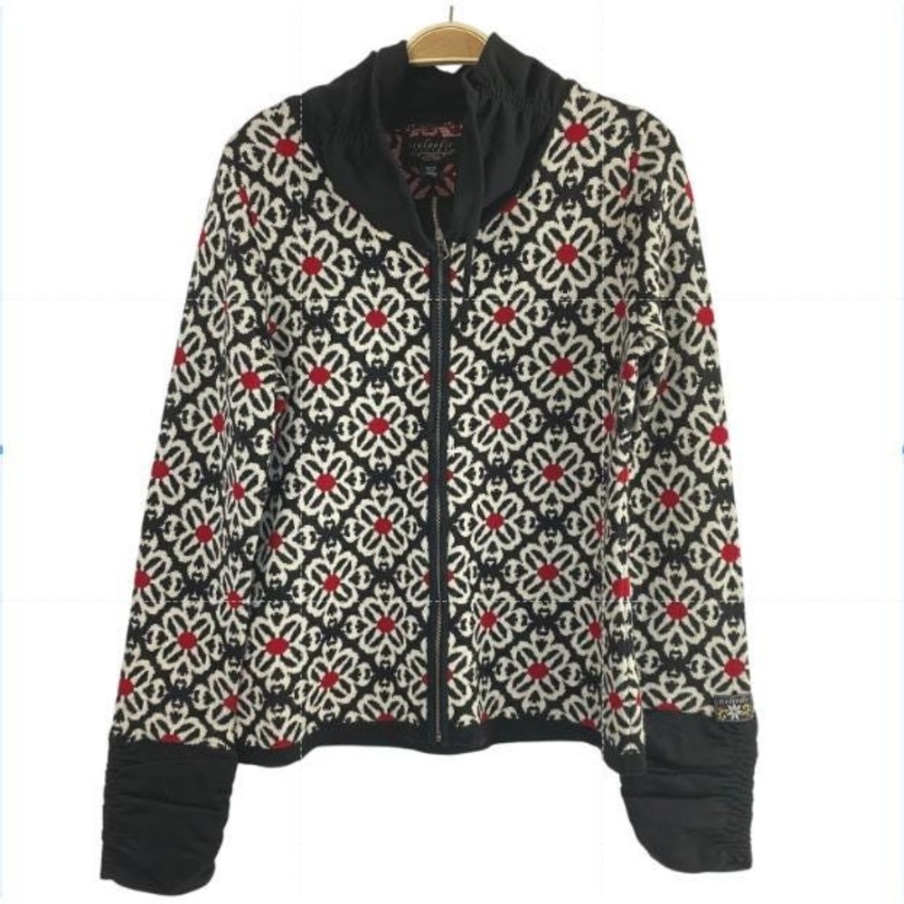 Whimsigoth Icelandic Design Zip Sweater Women M Black Floral Ruched Funnel Neck